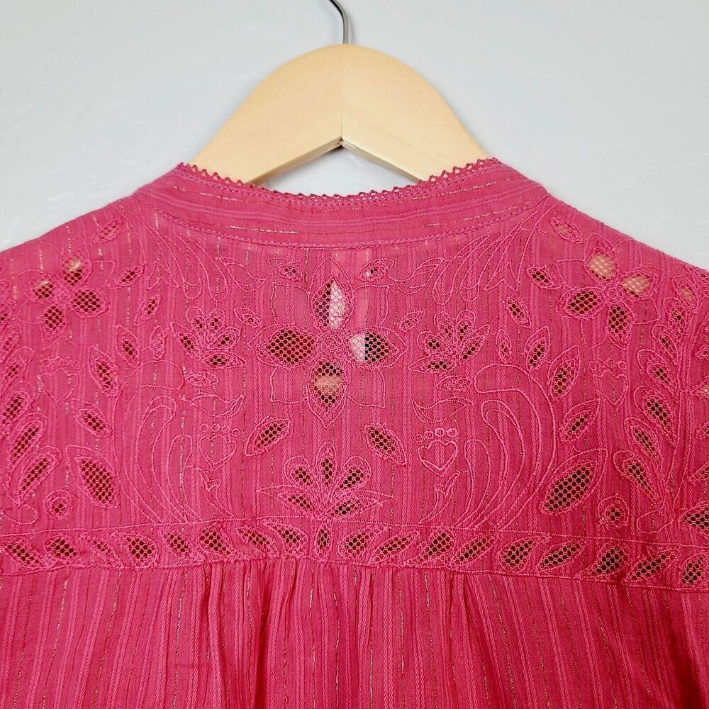 Pilcro Top 4 Raspberry Red Embroidered Lace‎ Metallic Thread Button-Front Blouse - Picture 4 of 11